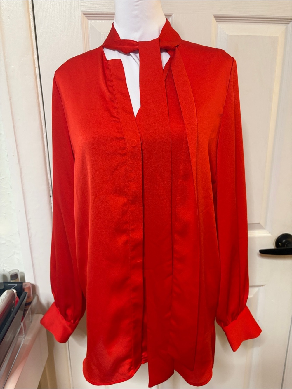 BCBGMaxAzria Red Tie-Neck Long Sleeve Blouse